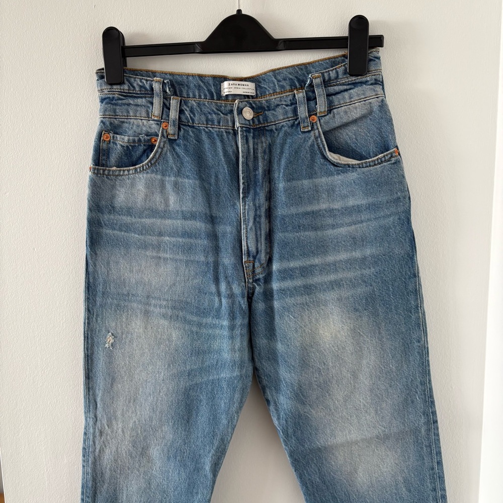 Zara Premium Denim Deconstructed Slanted Waistband Mid Blue Jeans Size US 6 NWOT - Picture 2 of 11